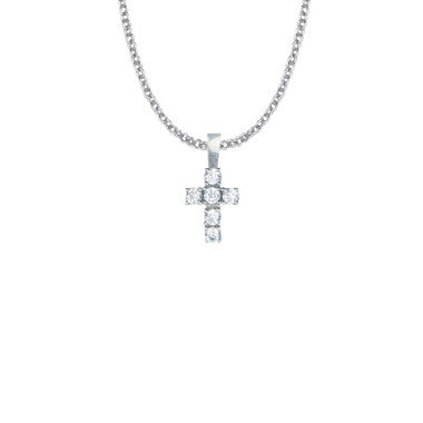 Small Cubic Zirconium Stones Cross Necklace - Sterling Silver Pendant On 16" Stainless Chain (SX8117SH)