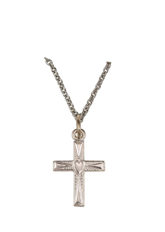 Small Heart Cross Necklace - Sterling Silver Pendant on 16 Stainless Chain SX0705SH
