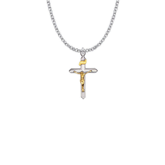 Small Lined Two-Tone Crucifix Necklace - Sterling Silver Pendant On 18 Stainless Steel Chain SX8078SH