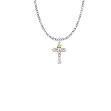 Small Two-Tone Crucifix Necklace - Sterling Silver Pendant On 18" Stainless Steel Chain (SX8098SH)