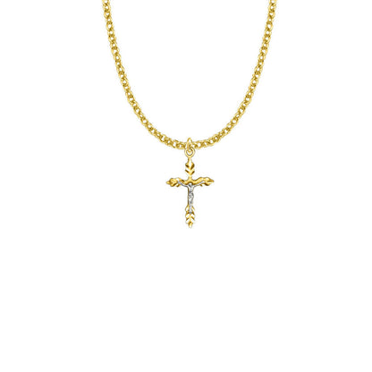 Small Wheat Two-Tone Crucifix Necklace - 14KT Gold Over Sterling Silver Pendant On 18 Gold Plated Chain SX8131VH