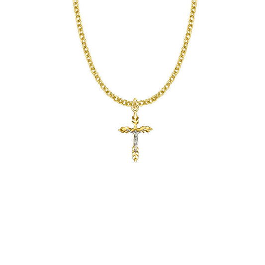 Small Wheat Two-Tone Crucifix Necklace - 14KT Gold Over Sterling Silver Pendant On 18 Gold Plated Chain SX8131VH