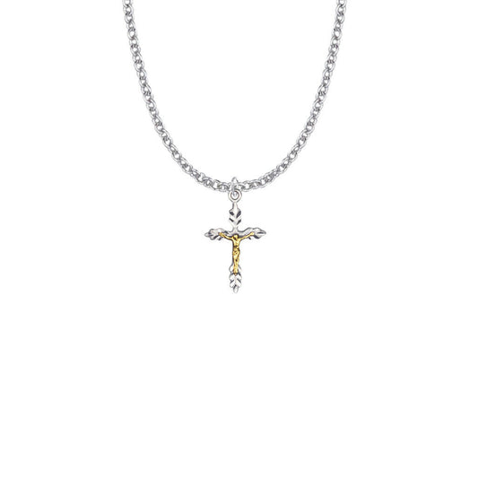 Small Wheat Two-Tone Crucifix Necklace - Sterling Silver Pendant On 18 Stainless Steel Chain SX8131SH