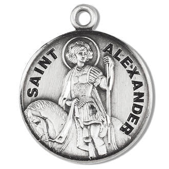 St. Alexander Medal - Sterling Silver - On 20" Stainless Chain - Sterling Silver 7/8" x 3/4" Round Pendant