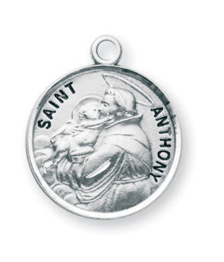 St. Anthony Medal - Sterling Silver - On 20" Stainless Chain - Sterling Silver 7/8" x 3/4" Round Pendant