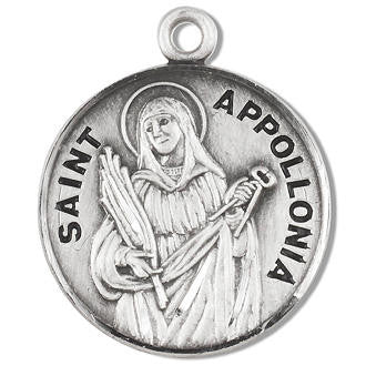 St Apollonia Medal - Sterling Silver - On 18 Stainless Chain - Sterling Silver 7/8 x 3/4 Round Pendant