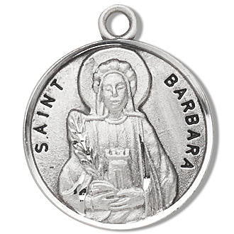 St Barbara Medal - Sterling Silver - On 18 Stainless Chain - Sterling Silver 7/8 x 3/4 Round Pendant