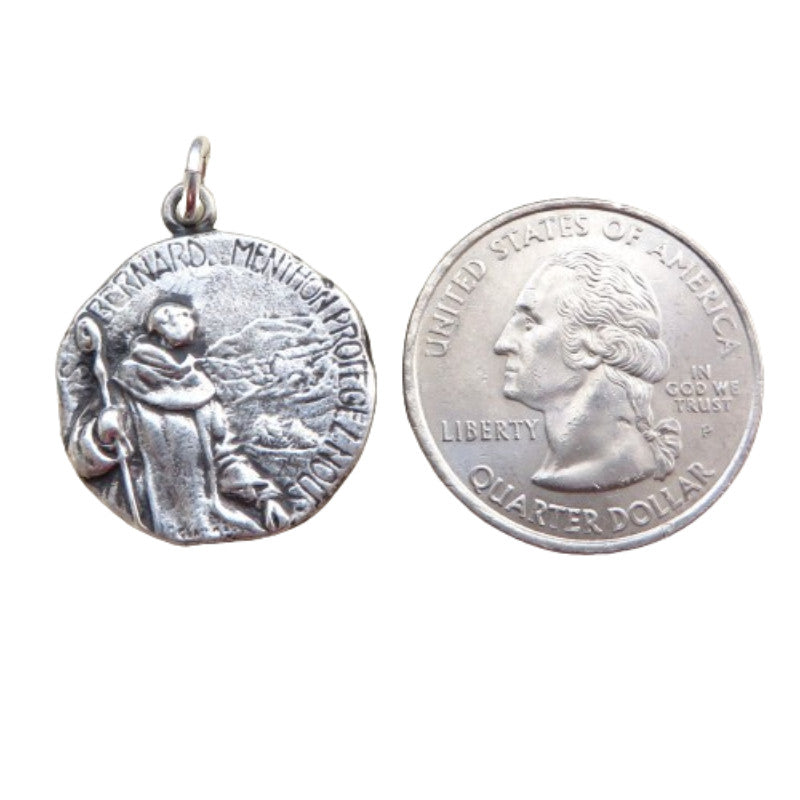 St. Bernard of Menthon Medal - Sterling Silver 1" Round Antique Replica Pendant