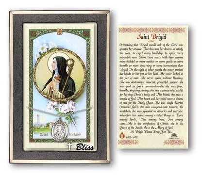 St Brigid of Ireland Medal With Prayer Card - Sterling Silver 3/4 x 1/2 Oval Pendant PC8123SS