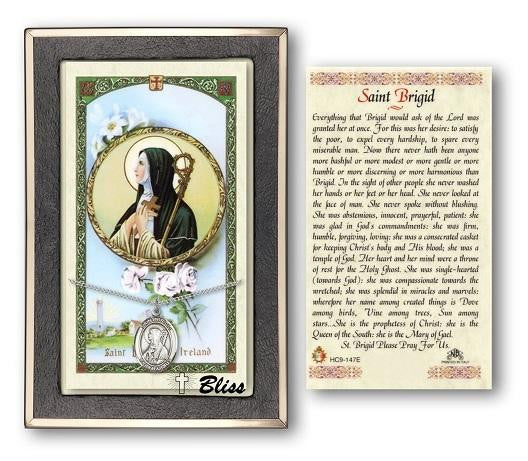 St Brigid of Ireland Medal With Prayer Card - Sterling Silver 3/4 x 1/2 Oval Pendant PC8123SS