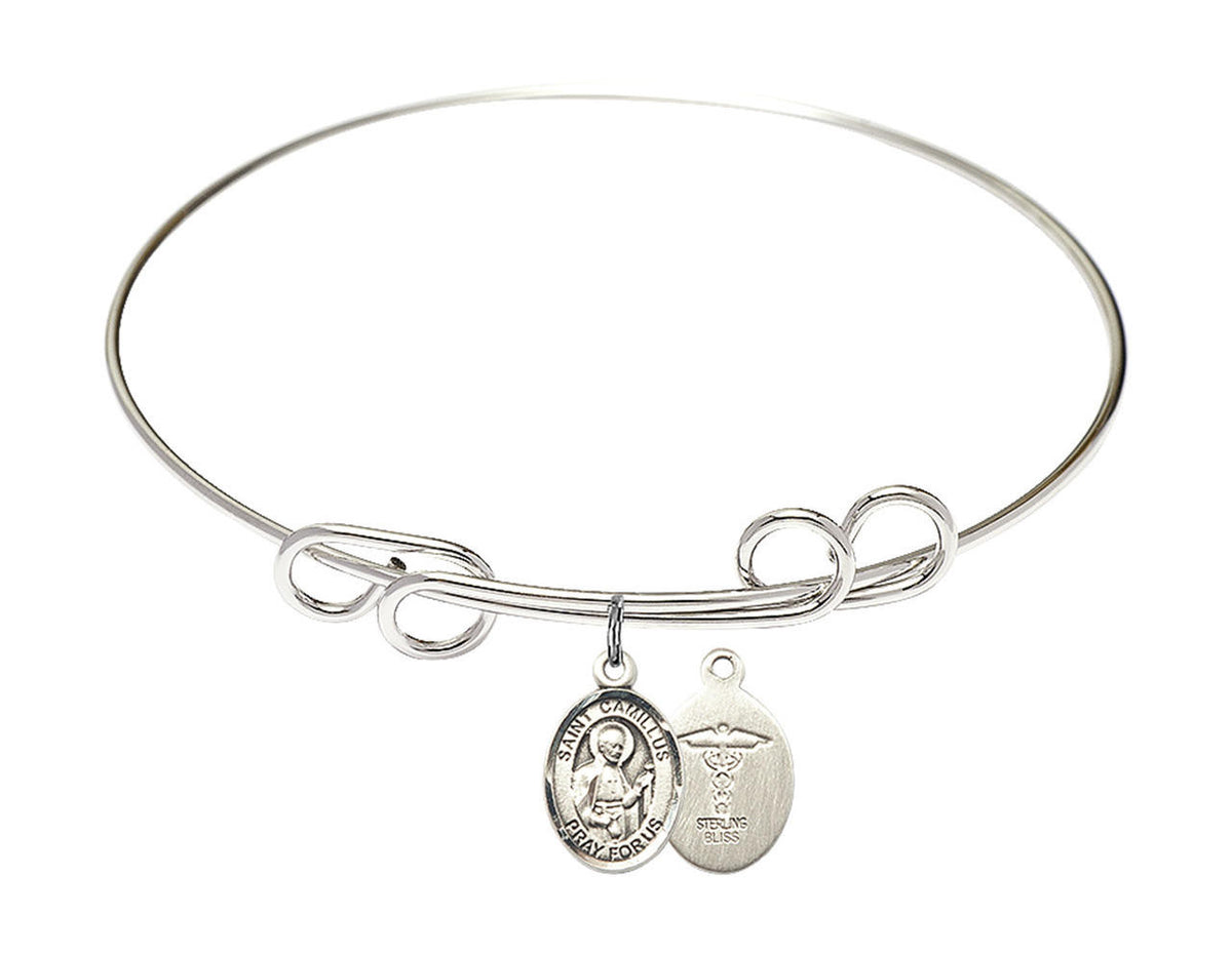 St Camillus of Lellis - Doctors Double Loop Bangle Bracelet - Sterling Silver Charm