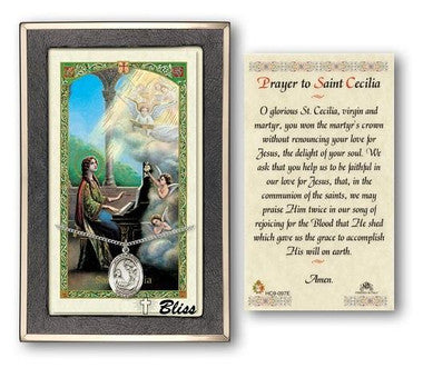 St. Cecilia Medal With Prayer Card - Sterling Silver 3/4" x 1/2" Oval Pendant (PC8016SS)