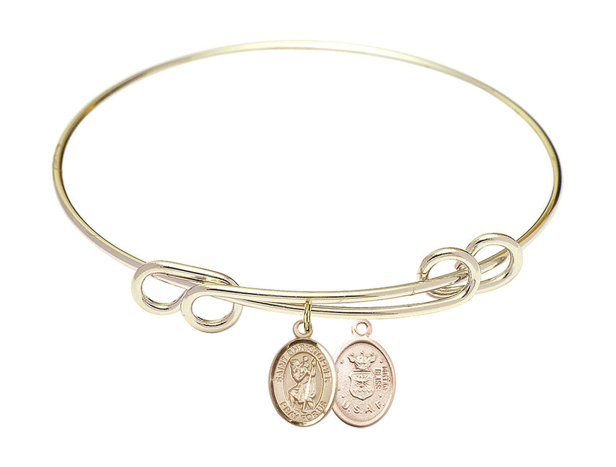 St Christopher - Air Force Double Loop Bangle Bracelet - Gold-Filled Charm