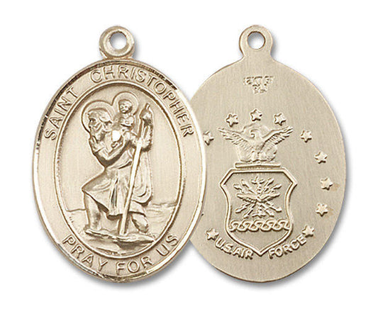St Christopher Air Force Medal - 14kt Gold Oval Pendant 3 Sizes