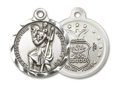 St Christopher Air Force Medal - Sterling Silver 7/8 x 3/4 Round Pendant 0192SS1