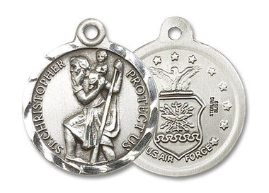 St. Christopher Air Force Medal - Sterling Silver 7/8" x 3/4" Round Pendant (0192SS1)