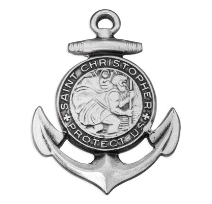 St. Christopher Anchor Necklace - Sterling Silver Medal On 24" Stainless Chain (S152824)