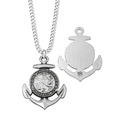 St. Christopher Anchor Necklace - Sterling Silver Medal On 24" Stainless Chain (S152824)