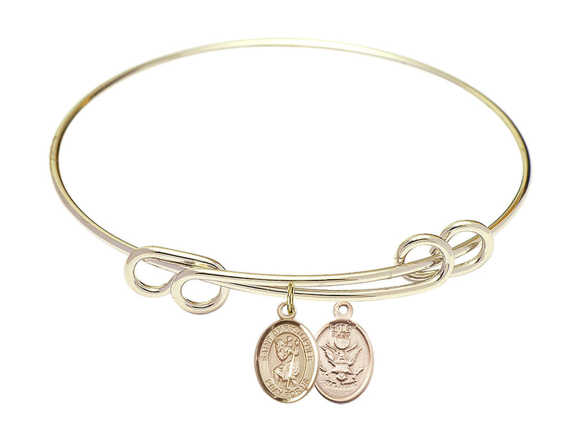 St Christopher - Army Double Loop Bangle Bracelet - Gold-Filled Charm