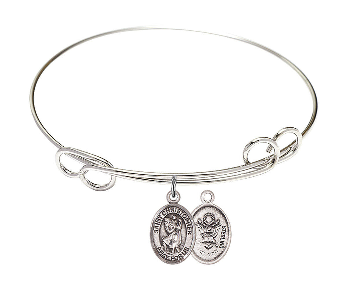 St Christopher - Army Double Loop Bangle Bracelet - Sterling Silver Charm