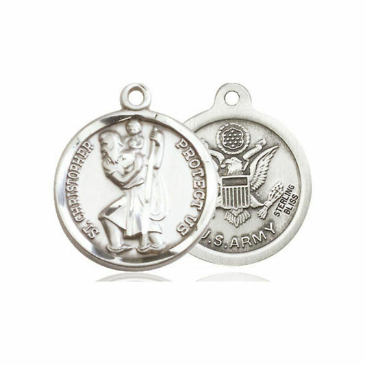 St Christopher Army Medal - Sterling Silver 7/8 x 3/4 Round Pendant 0192SS2