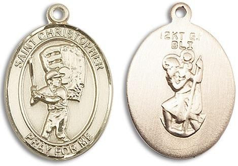 St Christopher Baseball Medal - 14kt Gold Oval Pendant 2 Sizes