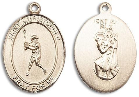 St Christopher Baseball Medal - 14kt Gold Oval Pendant 3 Sizes