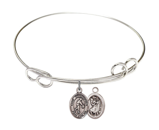 St Christopher - Basketball Double Loop Bangle Bracelet - Sterling Silver Charm