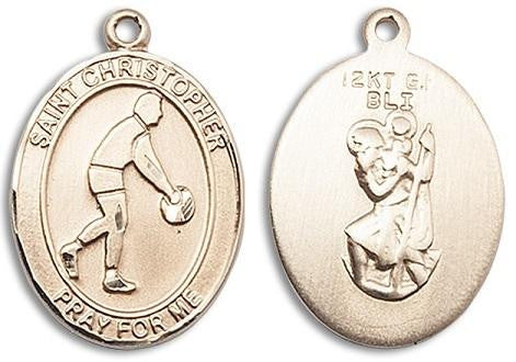 St Christopher Basketball Medal - 14kt Gold Oval Pendant 3 Sizes