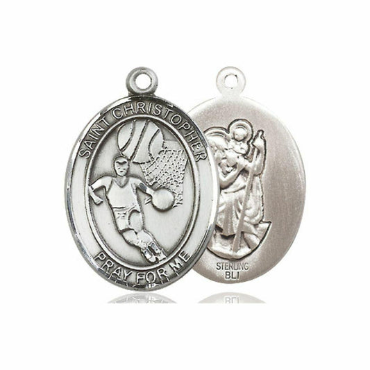 St Christopher Basketball Medal - Sterling Silver Oval Pendant 2 Sizes