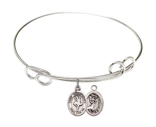 St Christopher - Dance Double Loop Bangle Bracelet - Sterling Silver Charm
