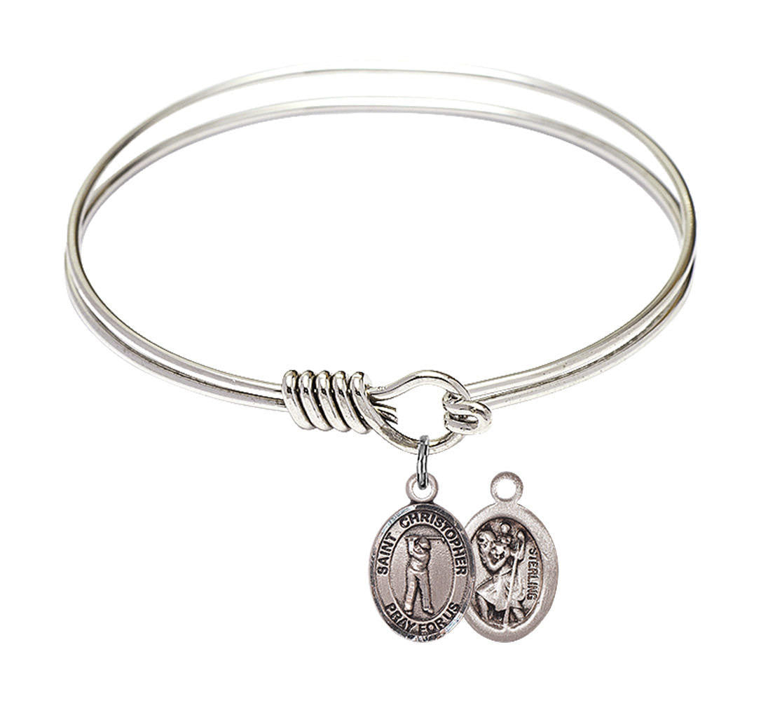 St Christopher - Golf Round Eye Hook Bangle Bracelet - Sterling Silver Charm - 6.25 Inch 9152SS