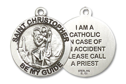 St Christopher I Am Catholic Medal - Sterling Silver 7/8 x 7/8 Round Pendant 4074SS