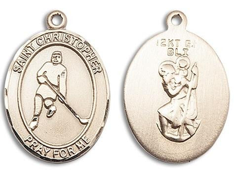 St Christopher Ice Hockey Medal - 14kt Gold Oval Pendant 3 Sizes