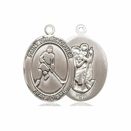 St Christopher Ice Hockey Medal - Sterling Silver Oval Pendant 3 Sizes