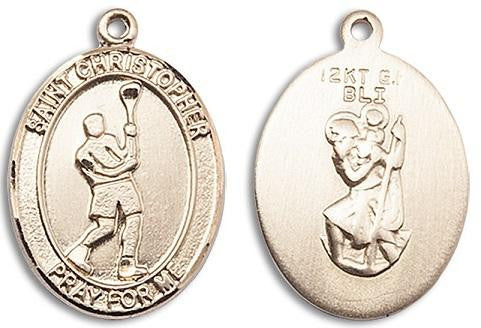 St Christopher Lacrosse Medal - 14kt Gold Oval Pendant 3 Sizes