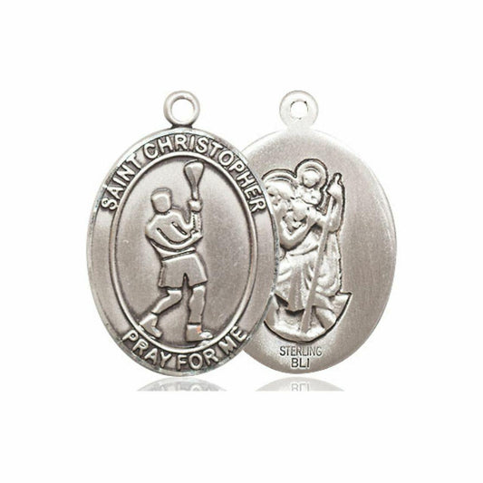 St Christopher Lacrosse Medal - Sterling Silver Oval Pendant 3 Sizes