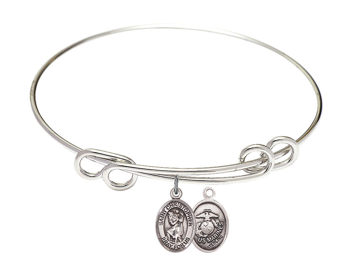 St Christopher - Marines Double Loop Bangle Bracelet - Sterling Silver Charm