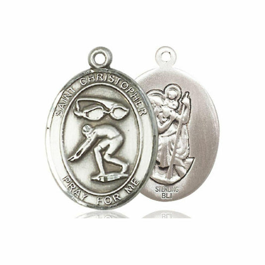 St Christopher Mens Swimming Medal - Sterling Silver Oval Pendant 2 Sizes