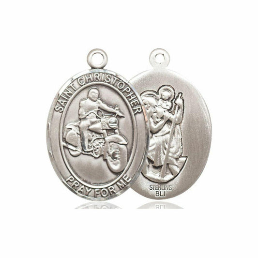 St Christopher Motorcycle Medal - Sterling Silver Oval Pendant 3 Sizes