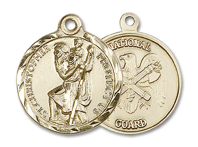 St Christopher National Guard Medal - 14kt Gold 7/8 x 3/4 Round Pendant 0192