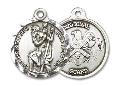 St Christopher National Guard Medal - Sterling Silver 7/8 x 3/4 Round Pendant 0192SS5