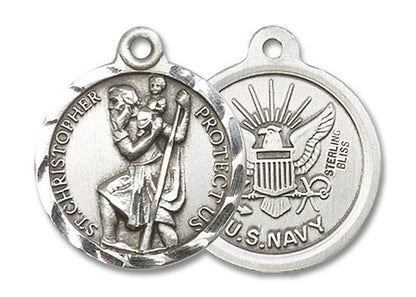 St Christopher Navy Medal - Sterling Silver 7/8 x 3/4 Round Pendant 0192SS6