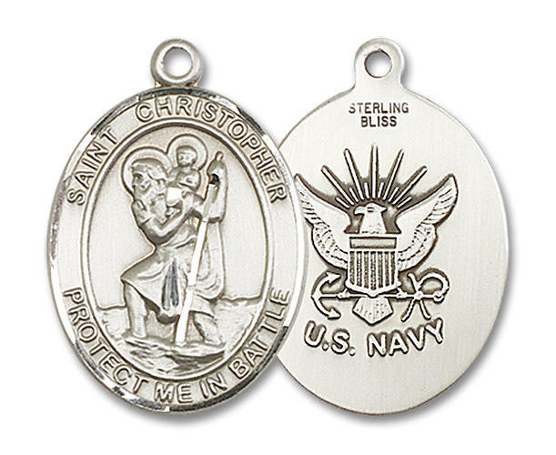 St Christopher Navy Medal - Sterling Silver Oval Pendant 2 Sizes
