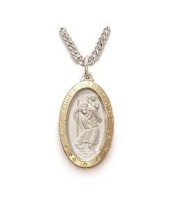 St Christopher Necklace - Sterling Silver 2Tone Oval Pendant on 20 Stainless Chain SM8496SH