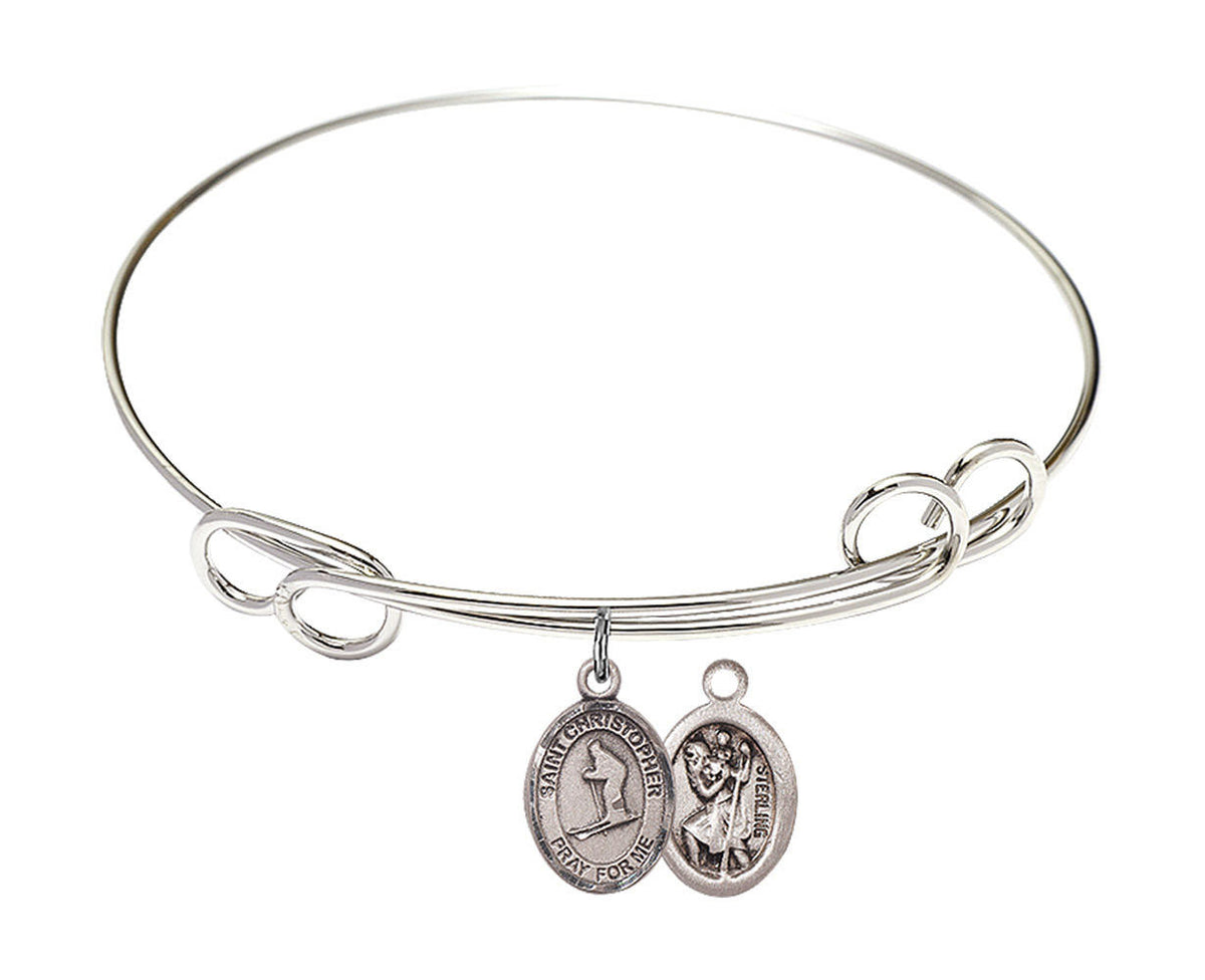 St Christopher - Skiing Double Loop Bangle Bracelet - Sterling Silver Charm
