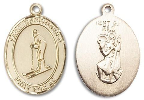 St Christopher Skiing Medal - 14kt Gold Oval Pendant 3 Sizes