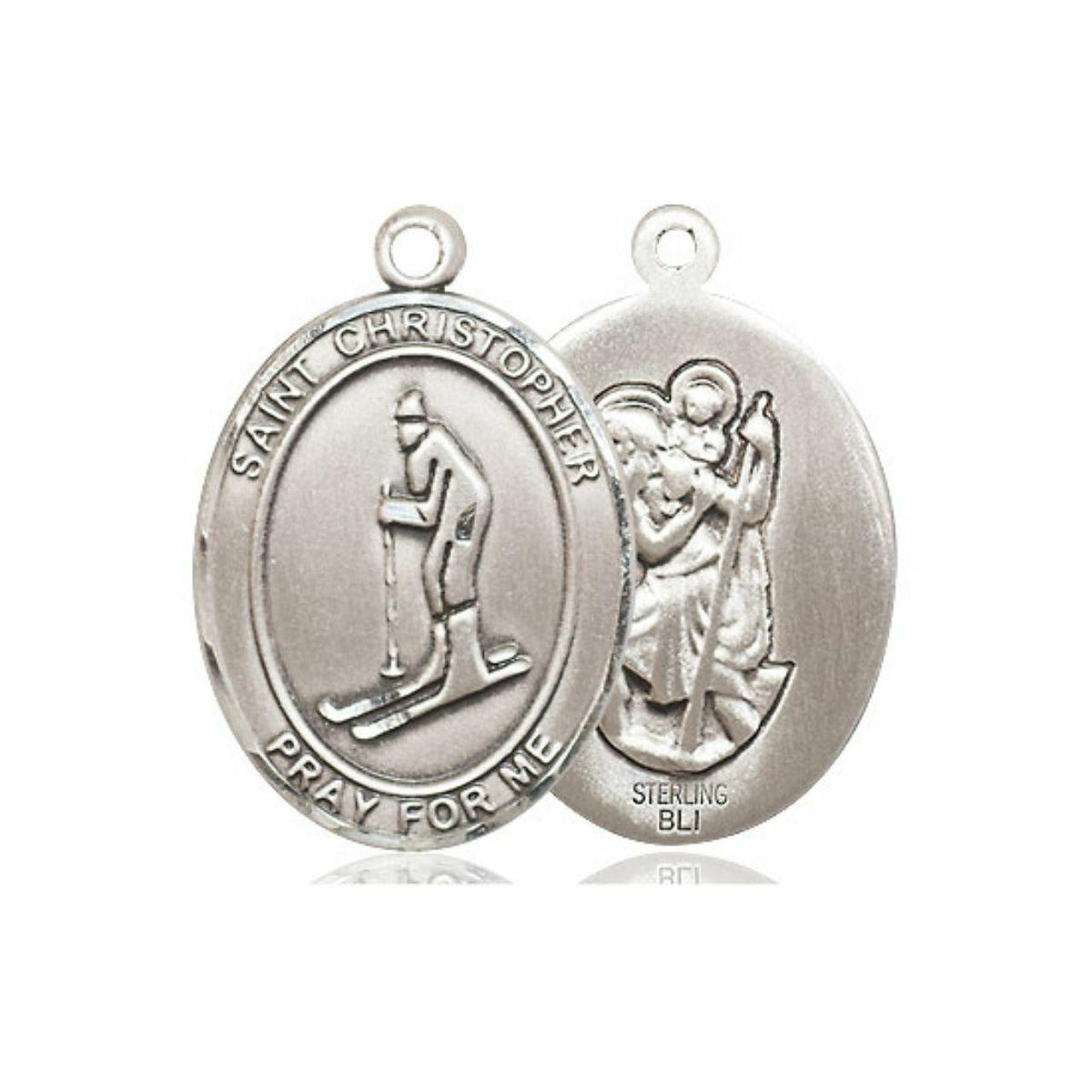 St Christopher Skiing Medal - Sterling Silver Oval Pendant 3 Sizes