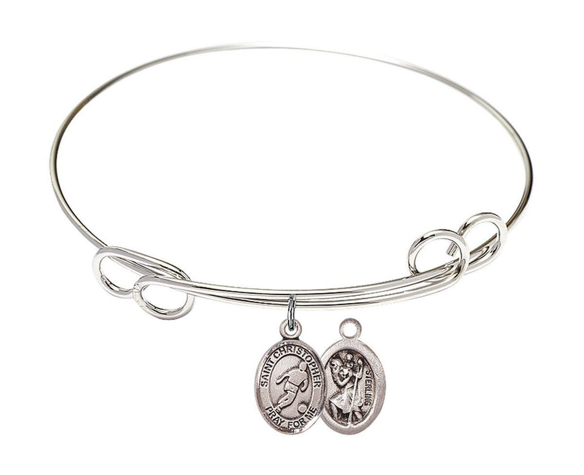 St Christopher - Soccer Double Loop Bangle Bracelet - Sterling Silver Charm