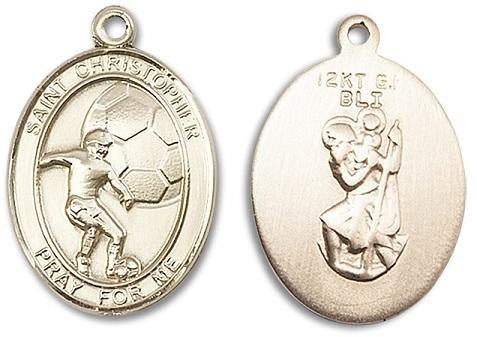 St Christopher Soccer Medal - 14kt Gold Oval Pendant 2 Sizes